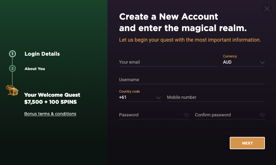 Registration form Jackpot Jill Casino